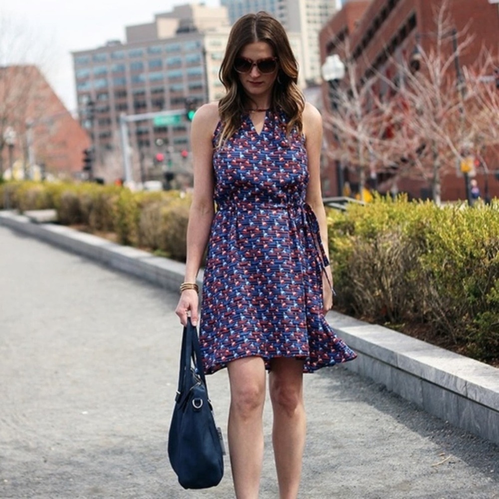 41 Hawthorn Blue Sail Boat Print Halter Lined Dress Small